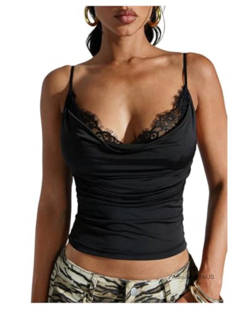 Cowl Neck Lace Trim Cami Tank Top Fitted Spaghetti Strap Party Top